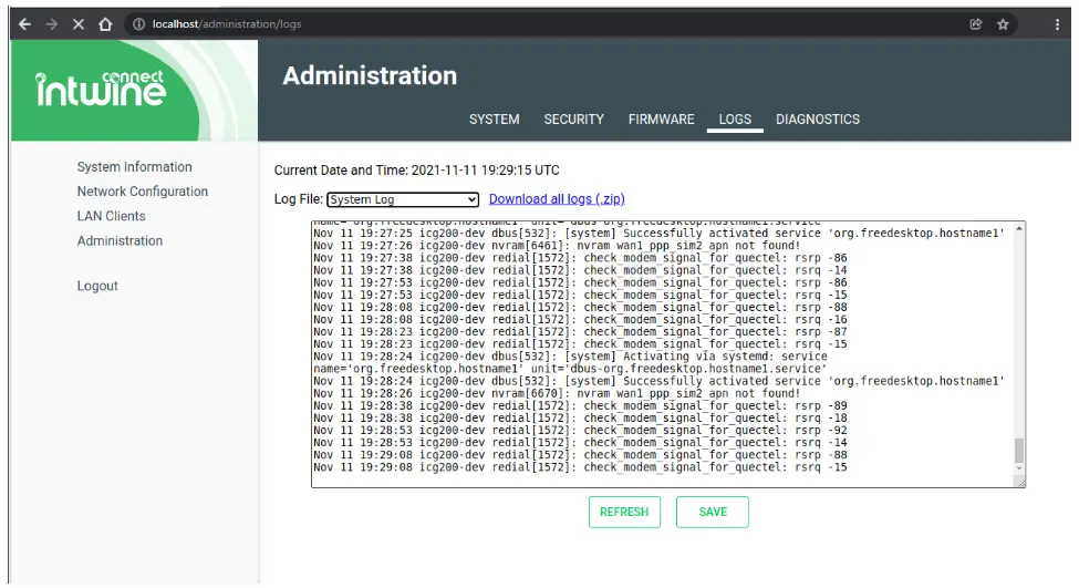intwine connect ICG-200 Connected Gateway Cellular Edge Controller - Logs