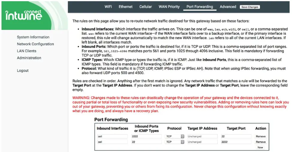 intwine connect ICG-200 Connected Gateway Cellular Edge Controller - Port Forwarding
