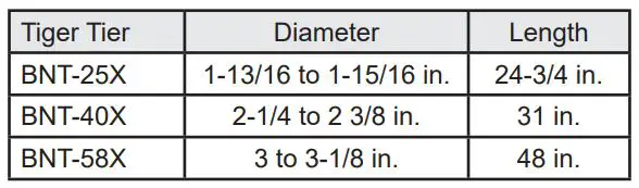 BNT-25X Battery Powered Rebar Tying Gun Instruction Manual - Loop Diameters and Wire Lengths