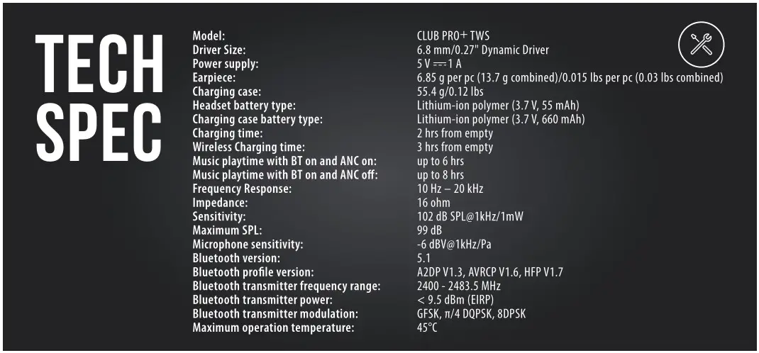 JBL Club Pro Plus TWS Wireless Earbuds - TECH SPEC