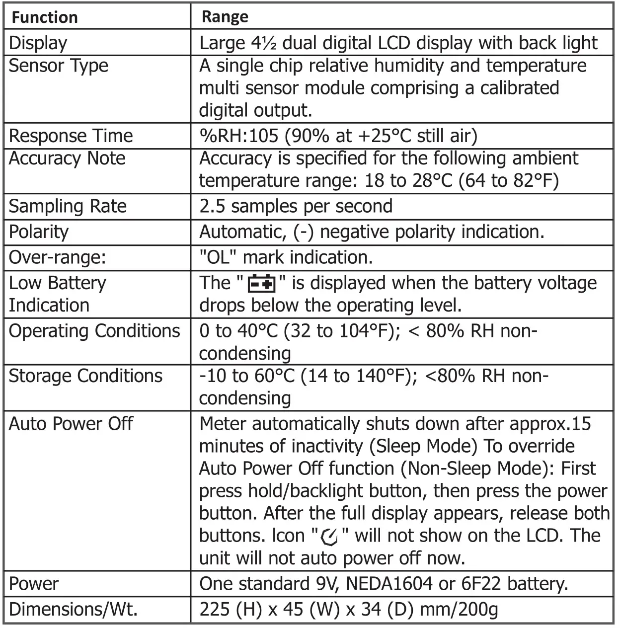MAJOR MT667 Thermo Hygrometer - SPECIFICATIONS