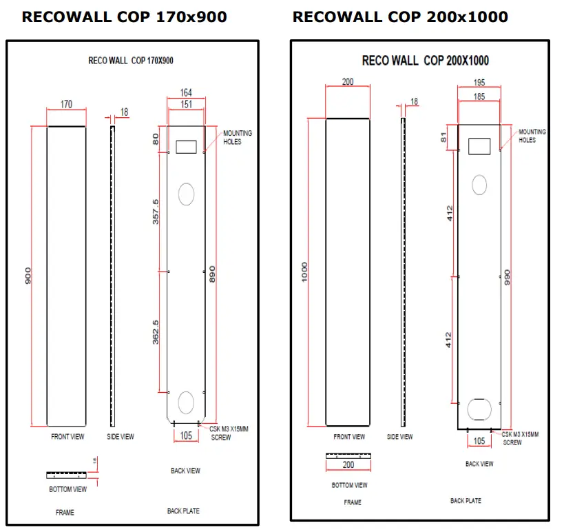 Inditech 170x900 Parallel COP DOT Touch - MOUNTING DETAILS