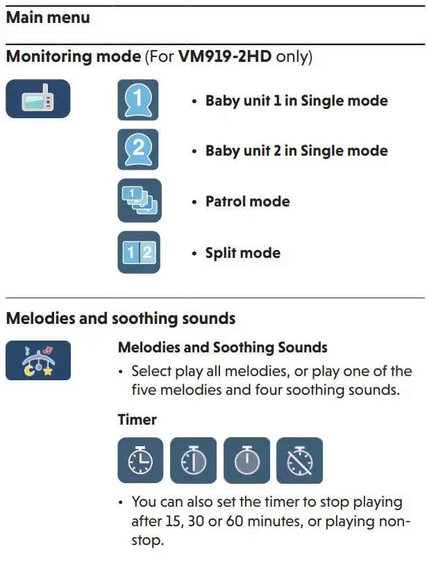 vtech VM919HD Full Color Pan and Tilt HD Video Monitor User Guide - Main Menu