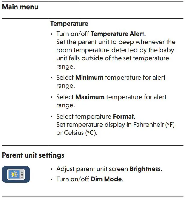 vtech VM919HD Full Color Pan and Tilt HD Video Monitor User Guide - Main Menu