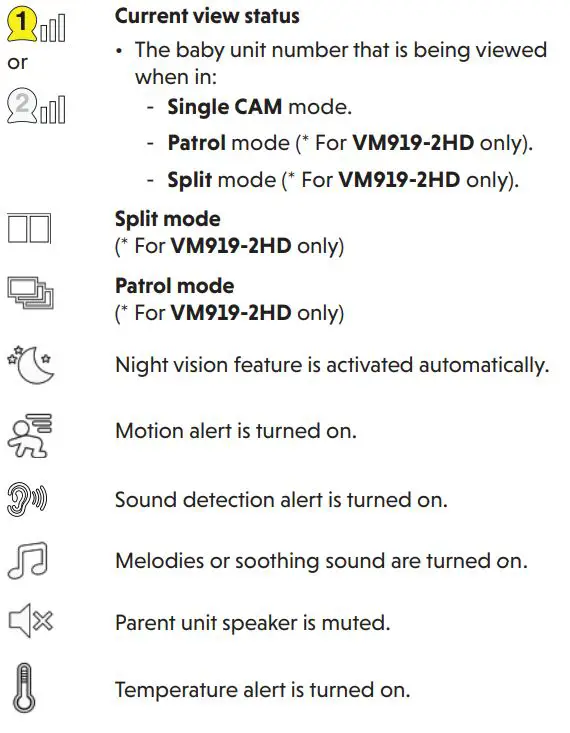 vtech VM919HD Full Color Pan and Tilt HD Video Monitor User Guide - Status icons