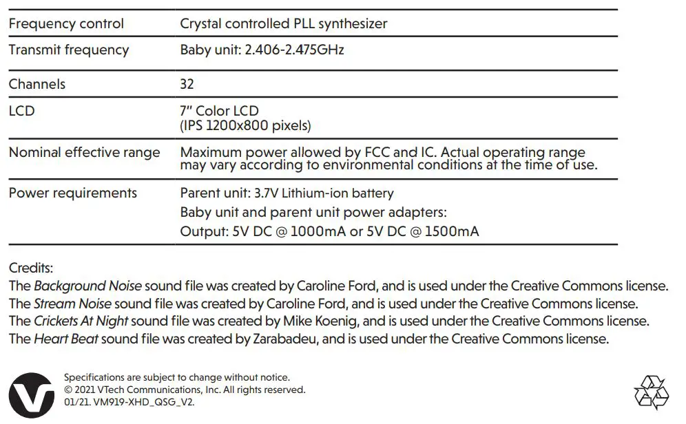 vtech VM919HD Full Color Pan and Tilt HD Video Monitor User Guide - Technical Specifications