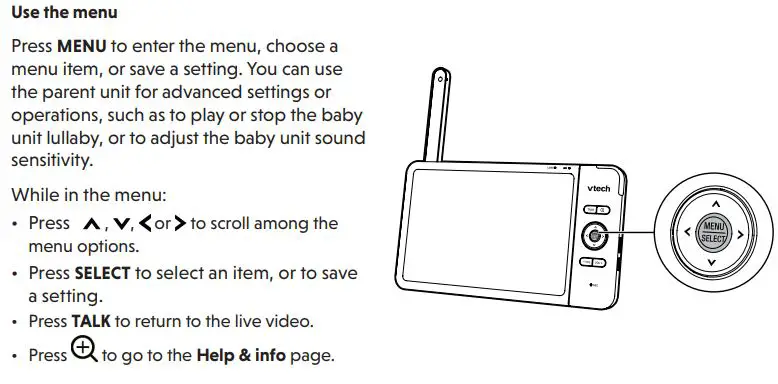 vtech VM919HD Full Color Pan and Tilt HD Video Monitor User Guide - Use the menu