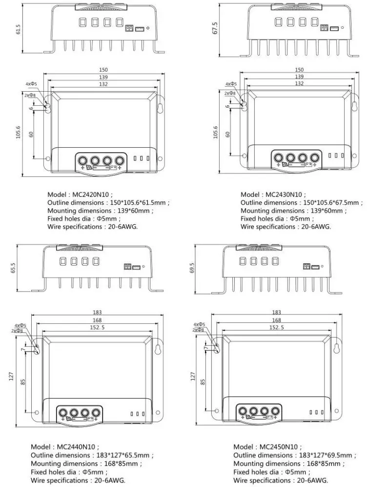 SRNE Solar MC2420N10 MC Series MPPT Solar Charge Controller User Manual - Product Dimensions