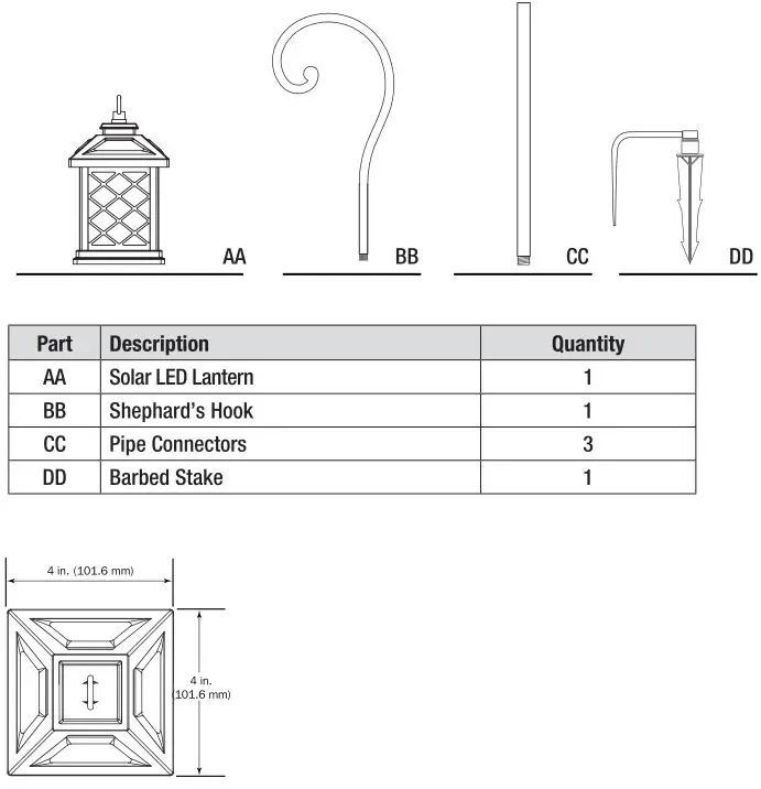 FEIT Electric 4 inch Square Solar Powered Fairy Lantern - HARDWARE INCLUDED & Dimension