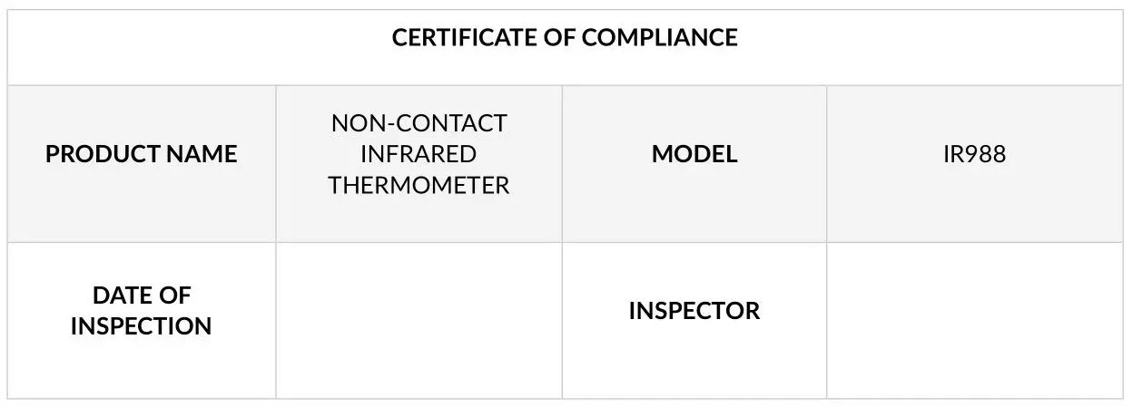 Xiaoou Non-Contact Digital Infrared Thermometer IR988 - Certificate of Compliance