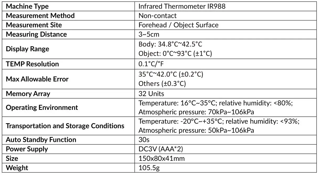 Xiaoou Non-Contact Digital Infrared Thermometer IR988 - Product Specifications