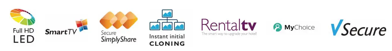 full hd led, smart tv. secure simply share, instant initial cloning, rentaltv,my choice,vsecure logo
