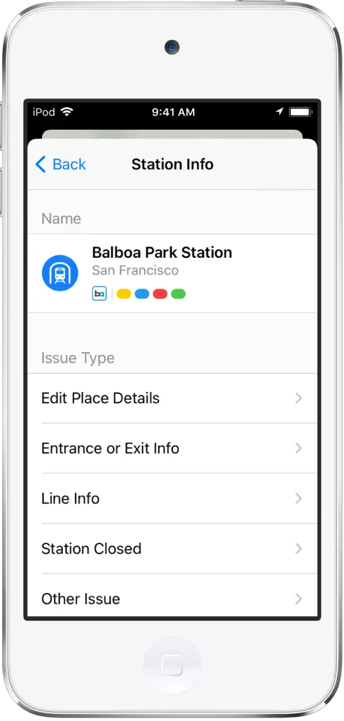 A screen for reporting incorrect information for a transit station. Issue types available to report are Edit Place Details, Entrance or Exit Info, Line Info, Station Closed, and Other Issue.