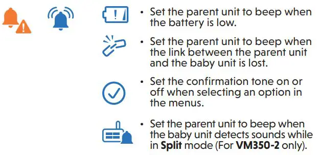 vtech VM350 Full Color Video Monitor User Guide - Alert tones