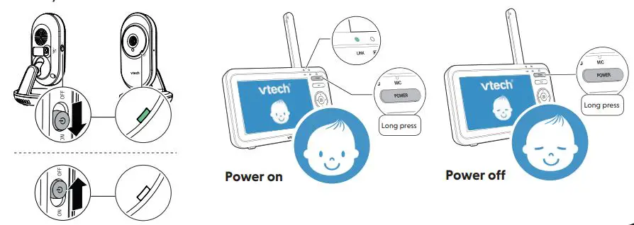 vtech VM350 Full Color Video Monitor User Guide - Power on or off the baby monitor