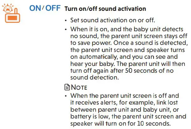 vtech VM350 Full Color Video Monitor User Guide - Sound activation - screen and audio