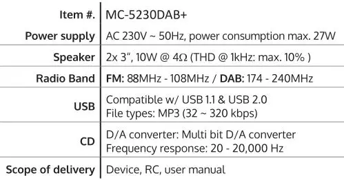 DENVER MC-5230DAB+ - Technical Data