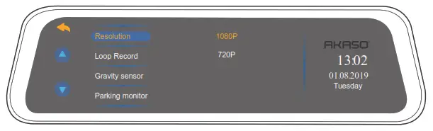 textAKASO DL9 Mirror Dash Cam - Default setting 8
