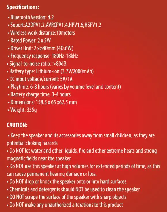 Stone SpinX 2.0 R Bluetooth Speaker - Specifications & Cautions