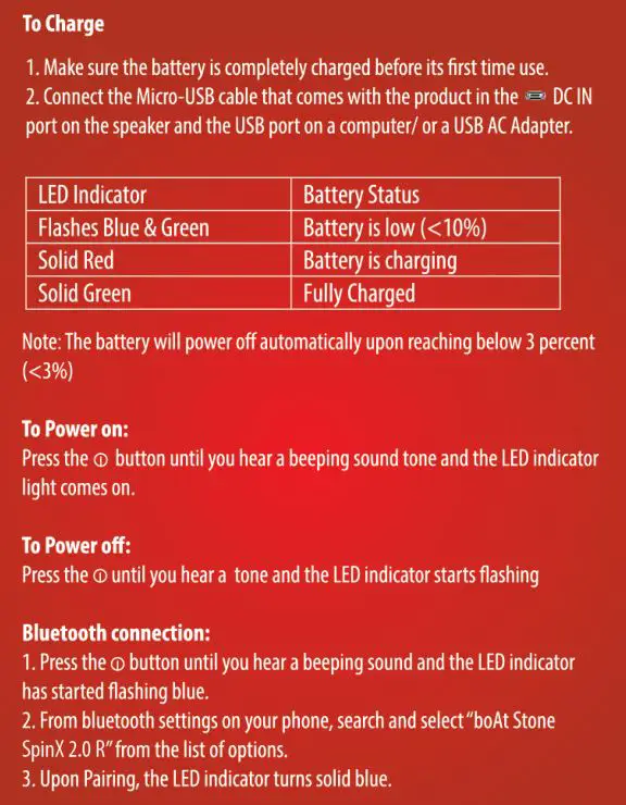 Stone SpinX 2.0 R Bluetooth Speaker - To Charge, Power On or Off & Bluetooth Connection