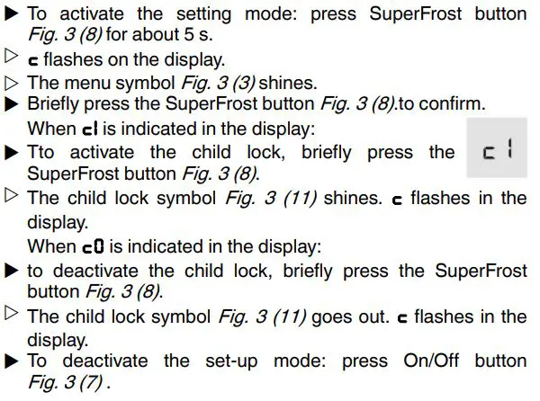 LIEBHERR SGNEF4335 Frost Vertical Freezer User Guide - Setting the child lock function