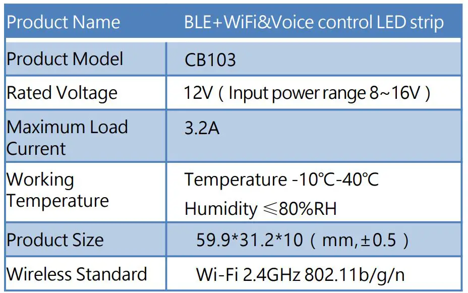 Shenzhen Hi Link Electronic CB103 Alicloud Wi-Fi and Voice Control LED Strip User Manual - Product Parameters