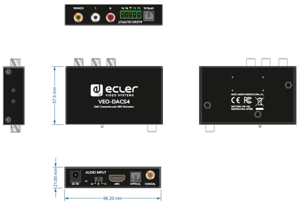 ecler VEO-DACS4 HDMI 2.0 Audio Embedder and Extractor - MECHANICAL DIAGRAM