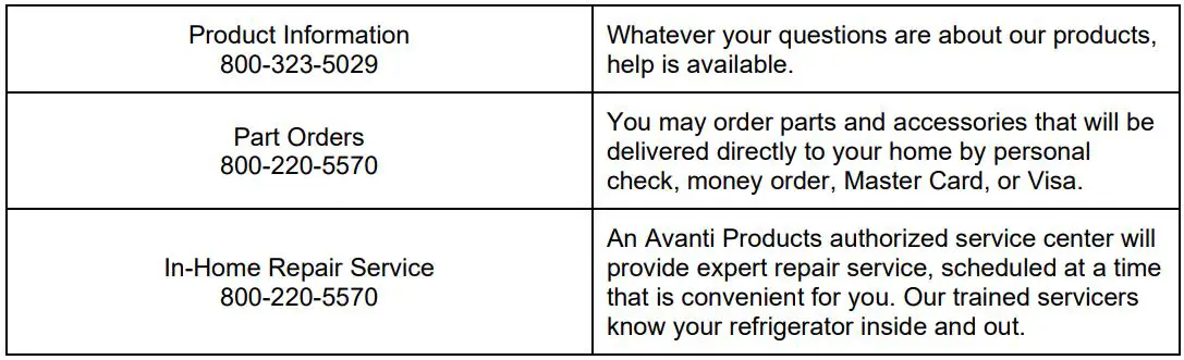 Avanti PDR75L34G 12V DC RV Truck Portable Refrigerator Instruction Manual - Avanti Products Customer Service