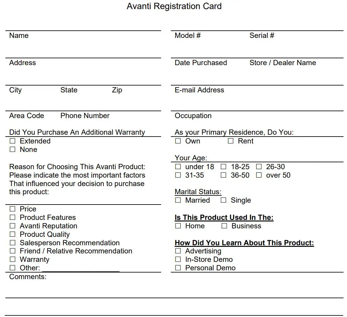Avanti PDR75L34G 12V DC RV Truck Portable Refrigerator Instruction Manual - Avanti Registration Card