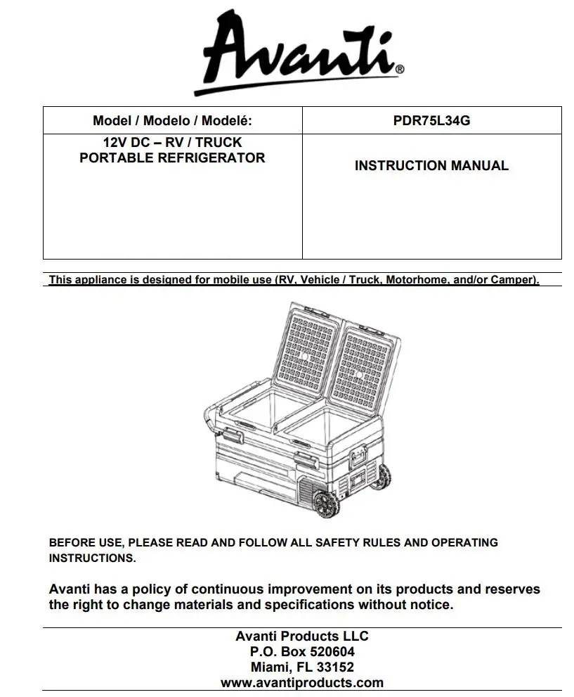Avanti PDR75L34G 12V DC RV Truck Portable Refrigerator Instruction Manual