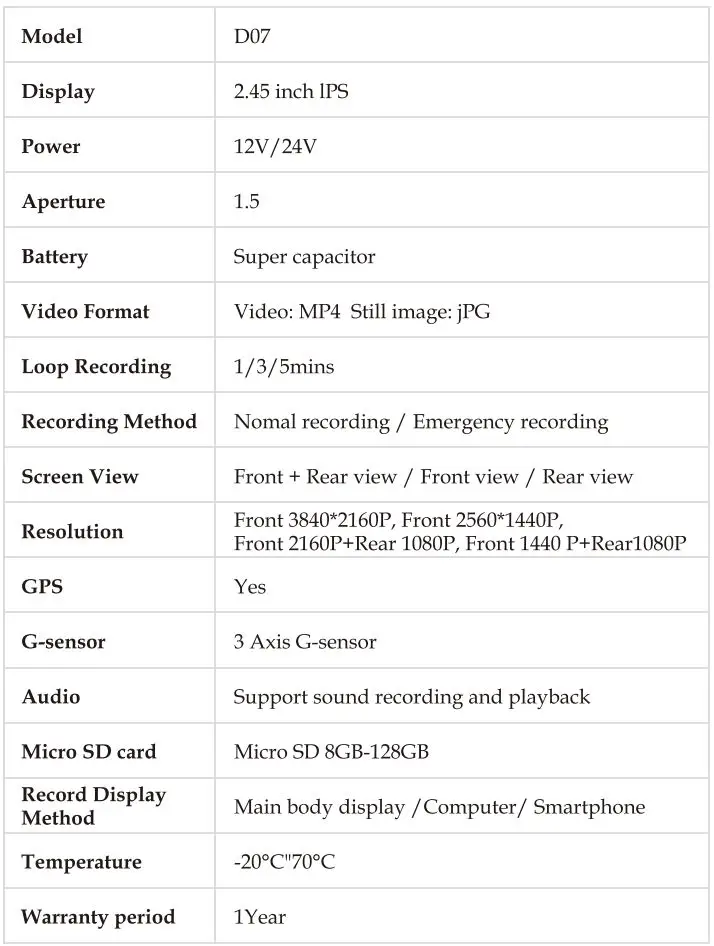 WOLFBOX D07 Mirror Dash Cam Instruction Manual - Product Specifications