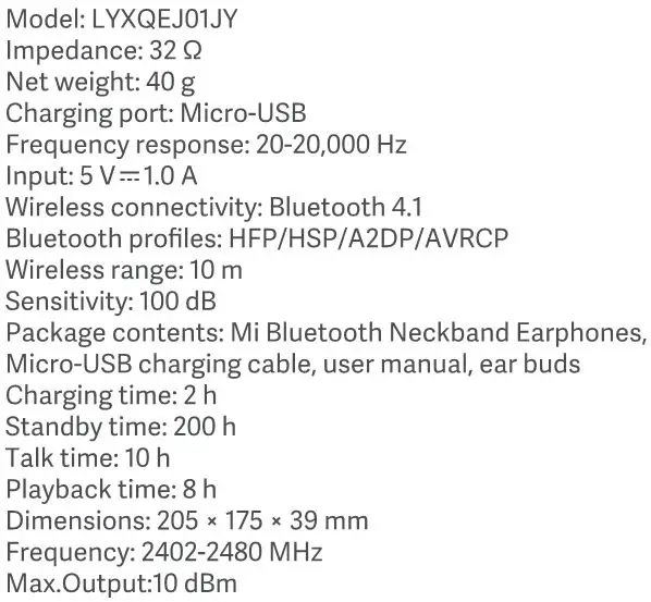 XIAOMI LYXQEJ01JY Mi Bluetooth Neckband Earphones - Specifications