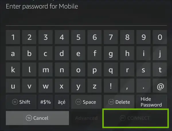 Password entry with Connect highlighted.