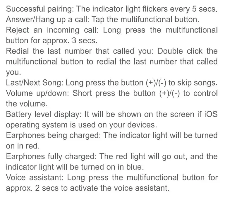 MINISO TB15 In Ear Wireless Earphone User Manual - Functions