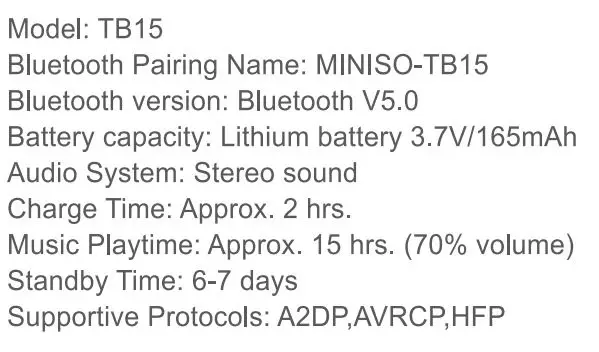 MINISO TB15 In Ear Wireless Earphone User Manual - Product Parameters