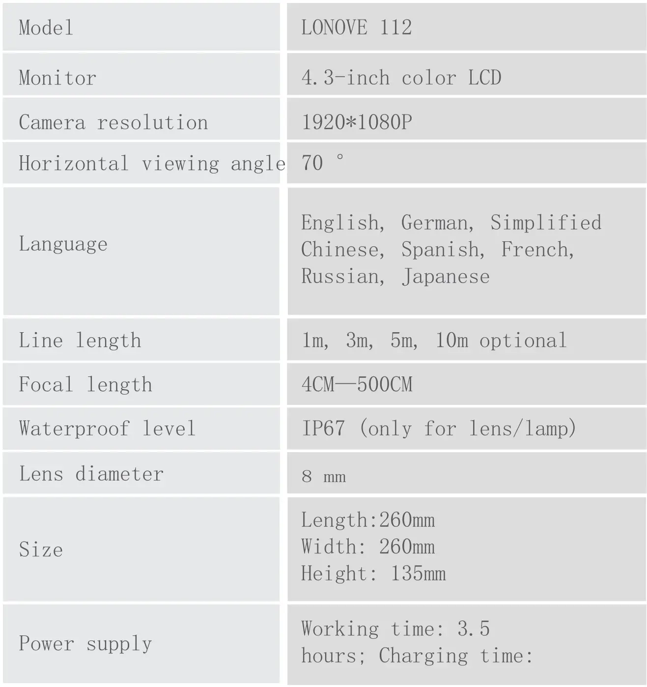 LONOVE 112 LCD Digital Endoscope - TECHNICAL PARAMETERS