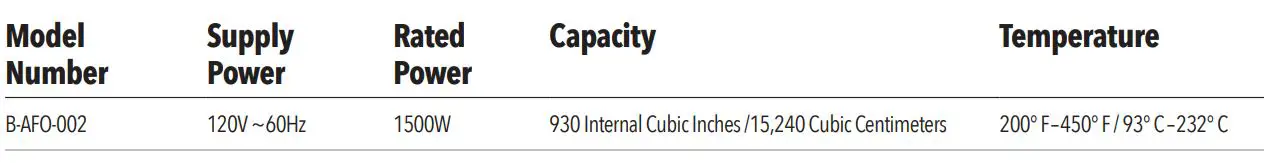 PowerXL B-AFO-002 Air Fryer Home Owner’s Manual - Unit Specifications