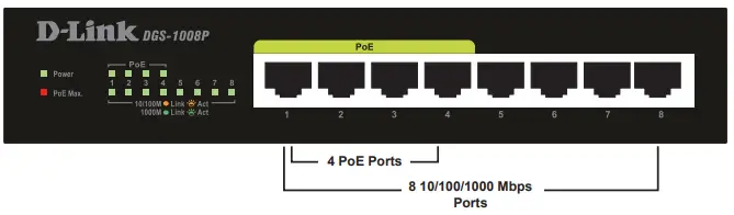 D-Link DGS-1008P 8-Port Gigabit Unmanaged Desktop PoE Switch-
