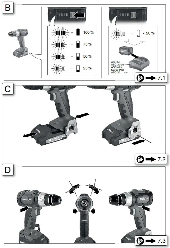 metabo BS 18 LT BL Cordless Hammer Screwdriver Instructions - Fig B,C,D