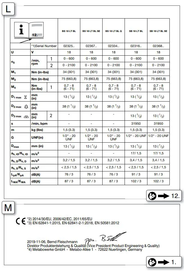 metabo BS 18 LT BL Cordless Hammer Screwdriver Instructions - Fig L,M