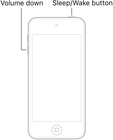 An illustration of iPod touch with the screen facing up. The Sleep/Wake button is shown on the top of the device, and the volume down button is shown on the left side of the device.