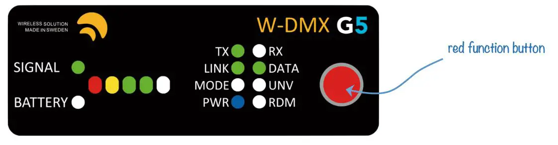 TMB W-DMX Wireless - Press the red function button, on the transmitter, for 1 second, until the LINK LED starts flashing