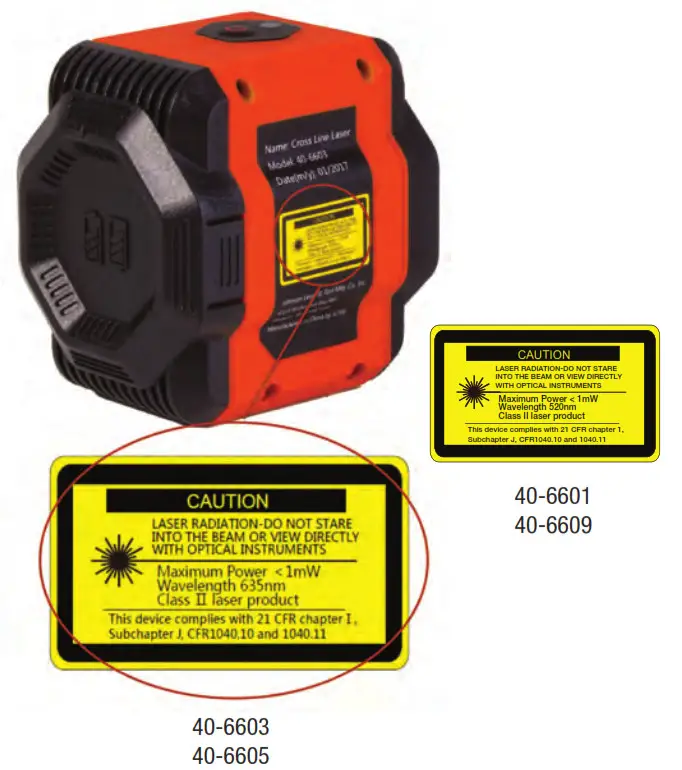 JOHNSON 40-6601 Self-Leveling Cross-Line Laser-- Content of Warning Labels