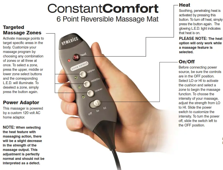 Homedics MM-3000 Constant Comfort 6 Point Reversible Massage Mat Instruction - ConstantComfort