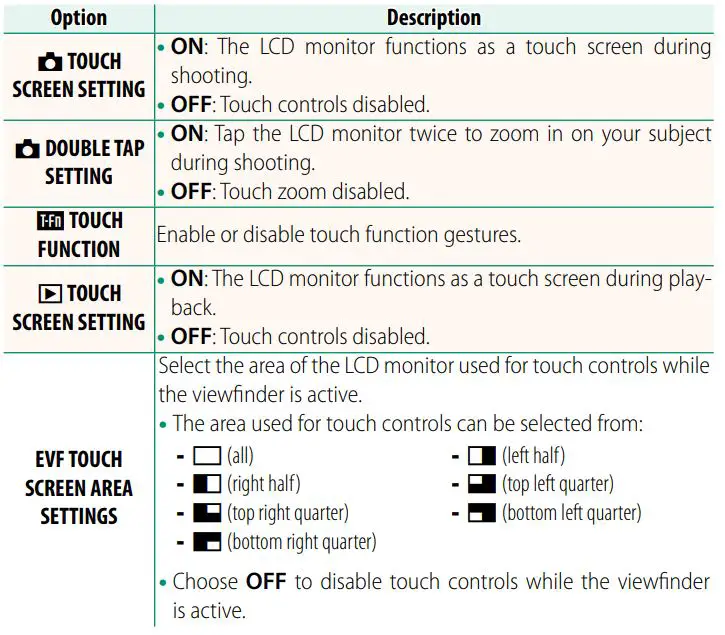 FUJIFILM Digital Camera User Guide - Touch Screen Setting