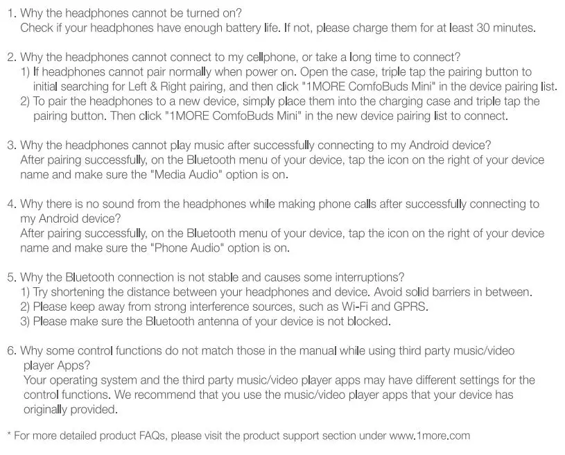 Headphones 1MORE ComfoBuds Mini Hybrid Active Noise Cancelling Earbuds User Manual - FAQ