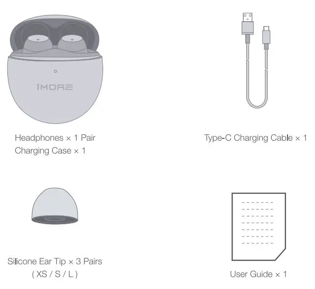 Headphones 1MORE ComfoBuds Mini Hybrid Active Noise Cancelling Earbuds User Manual - in the box