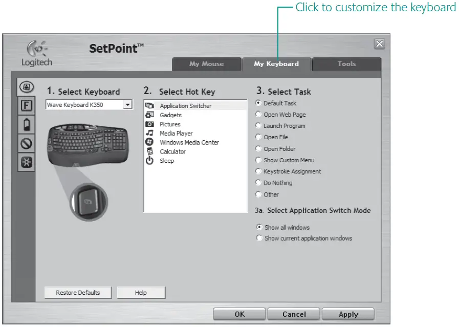 logitech K350 Wireless Wave Ergonomic Keyboard Customizing the keyboard