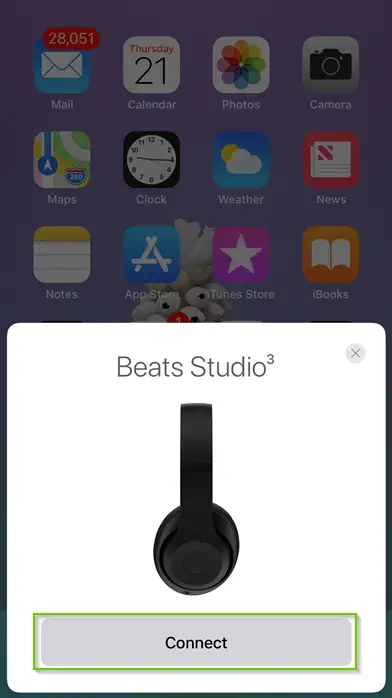 screenshot of iPhone dialog offering connection to Beats headphones