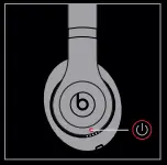 diagram of the headphones with the power button highlighted